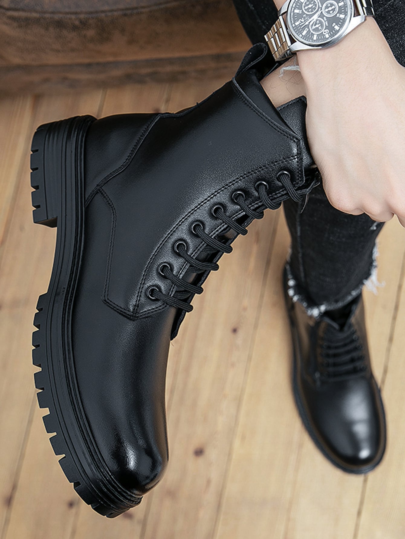 Black Side Zip Lace-up Front Combat Ankle Boots