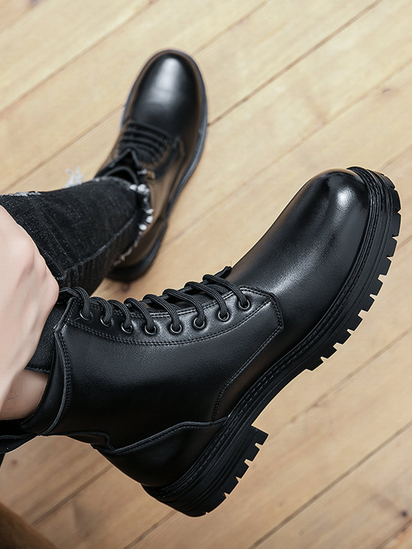 Black Side Zip Lace-up Front Combat Ankle Boots