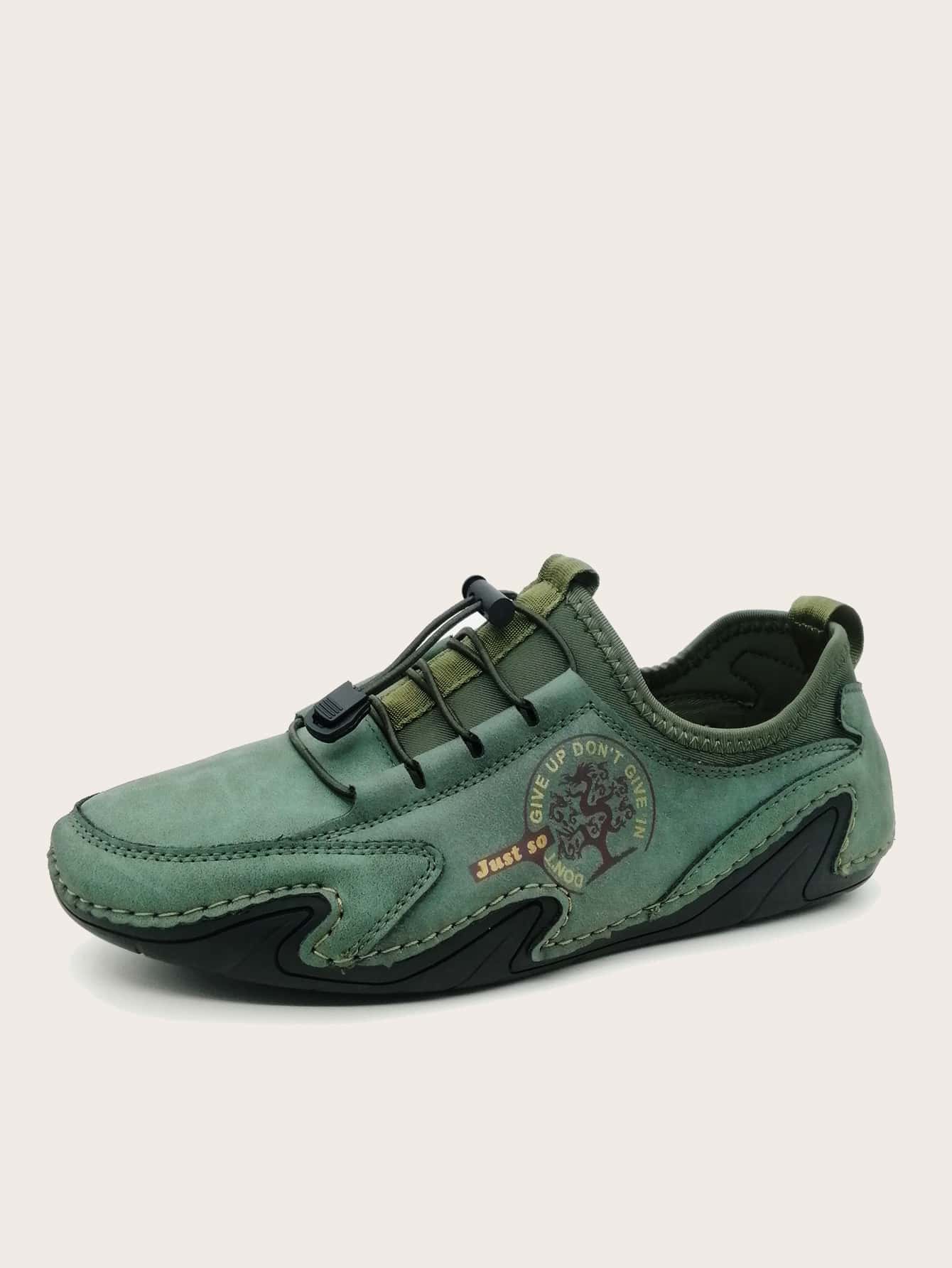 PU Leather Letter Graphic Drawstring Loafers