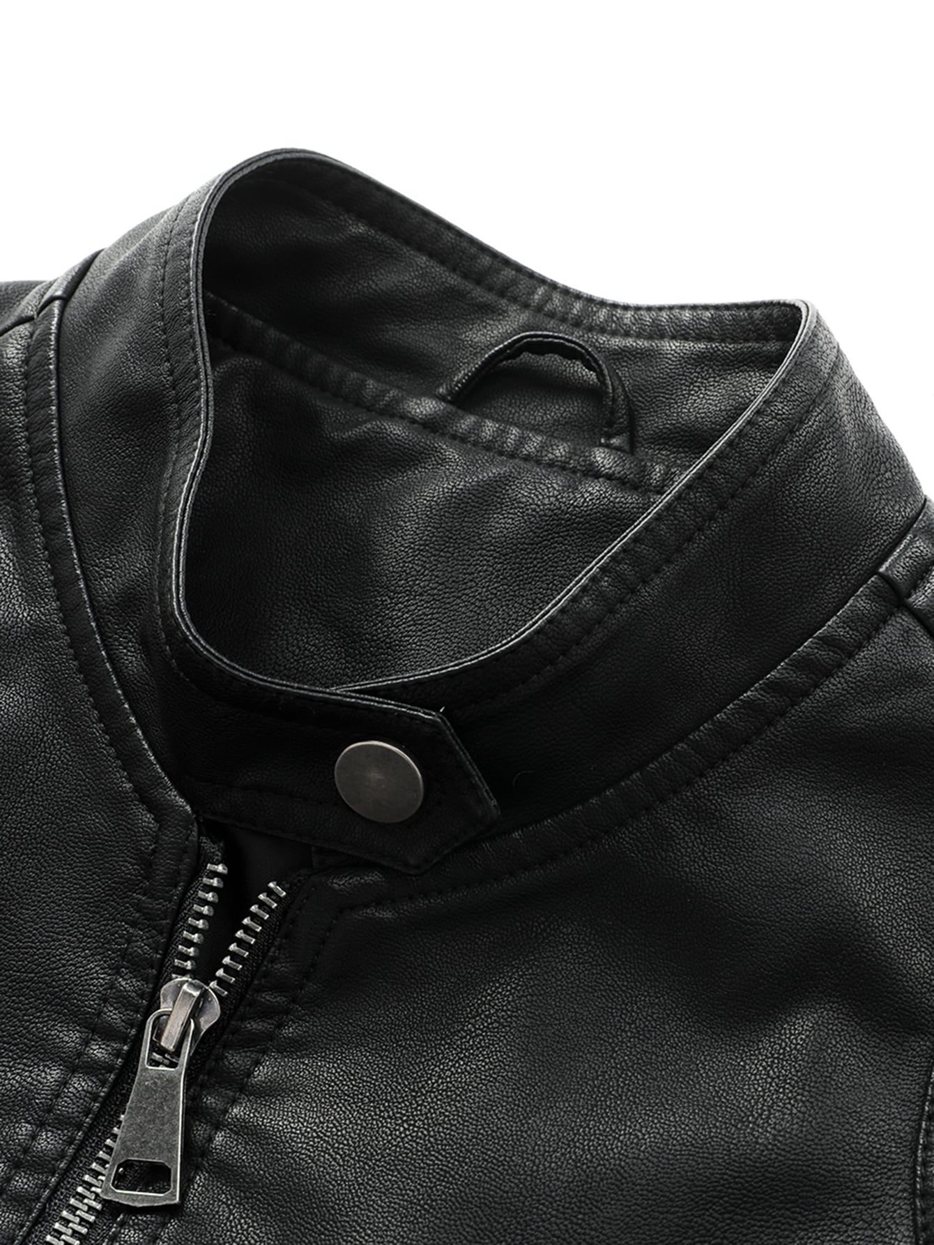 Black Stand Collar Zip Up PU Leather Solid Jacket