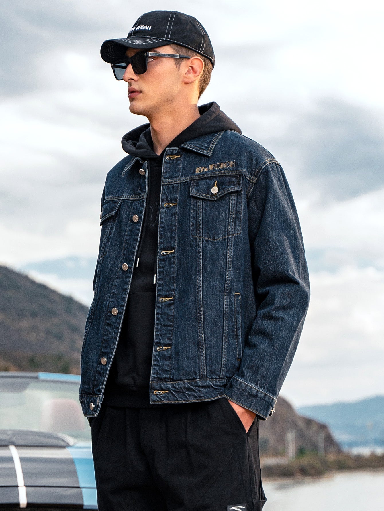 Single Breasted Letter Embroidery Flap Pocket Denim Jacket