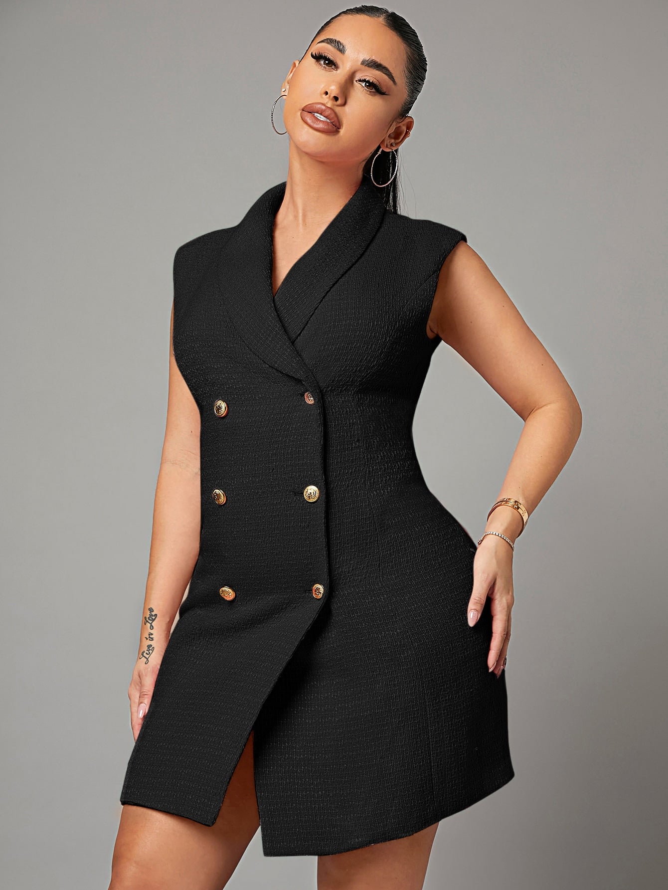 Black Solid Double Breasted Blazer Dress