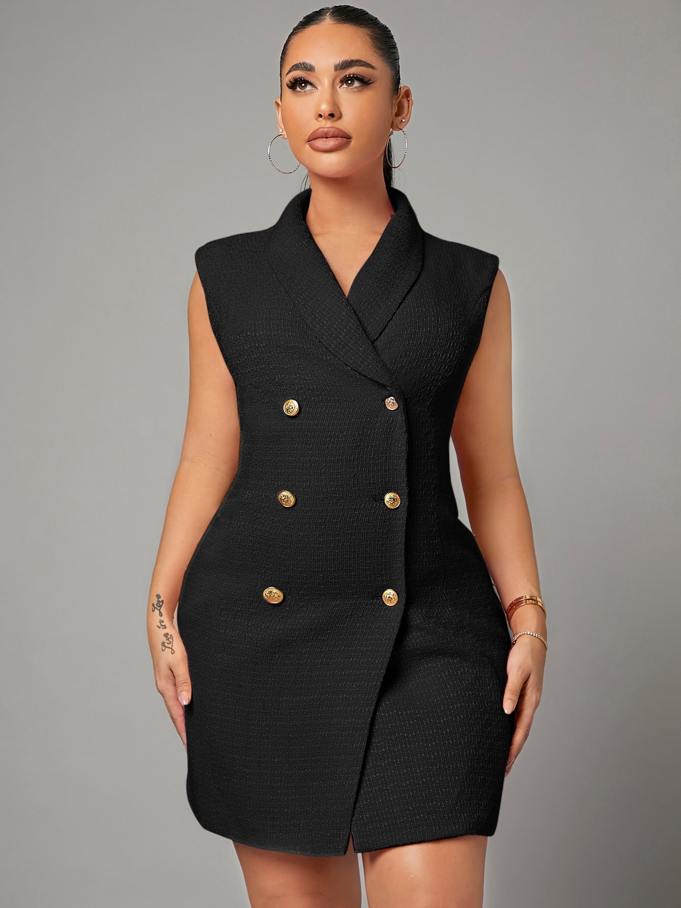 Black Solid Double Breasted Blazer Dress