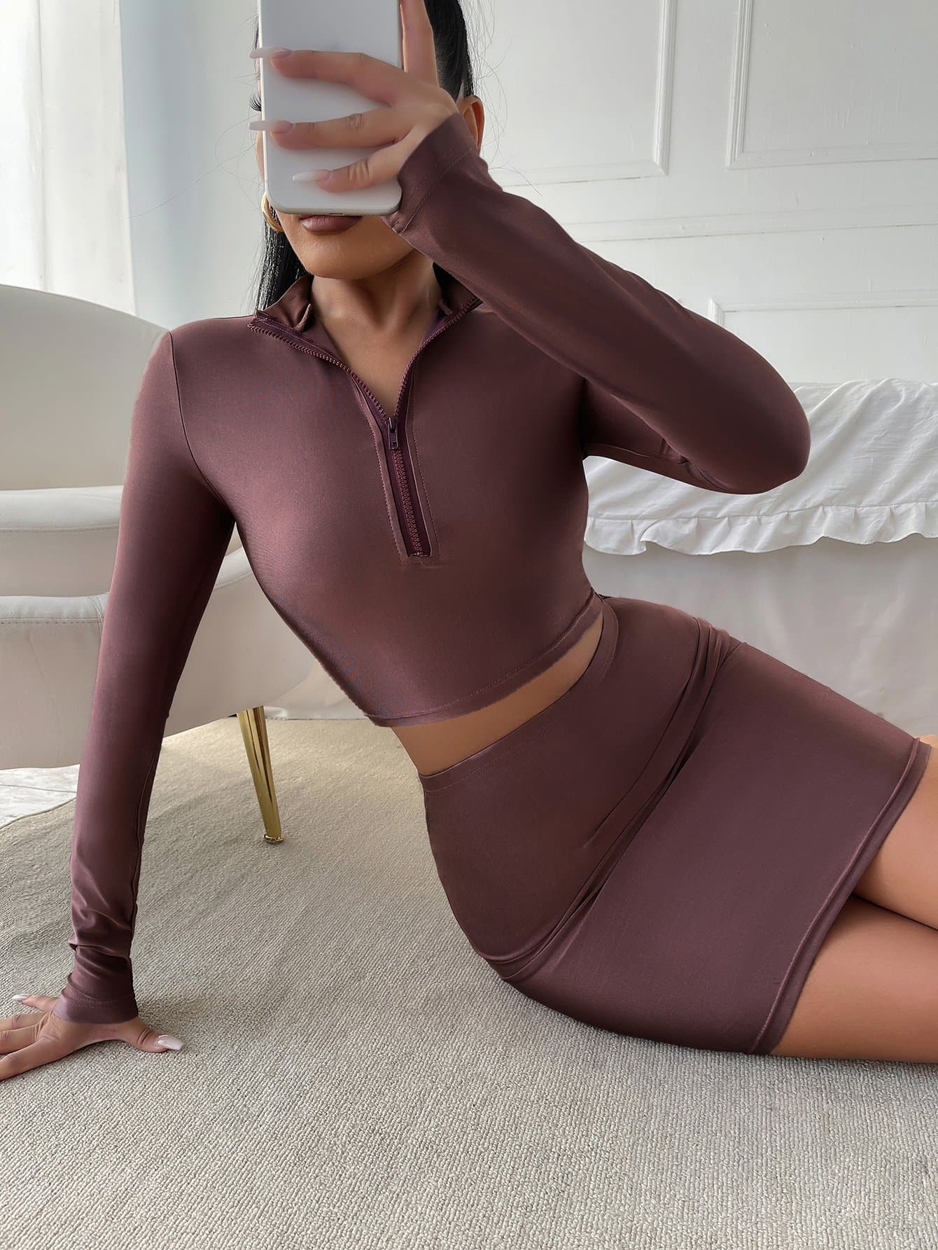 Purple Half Zip Crop Top and Skirt