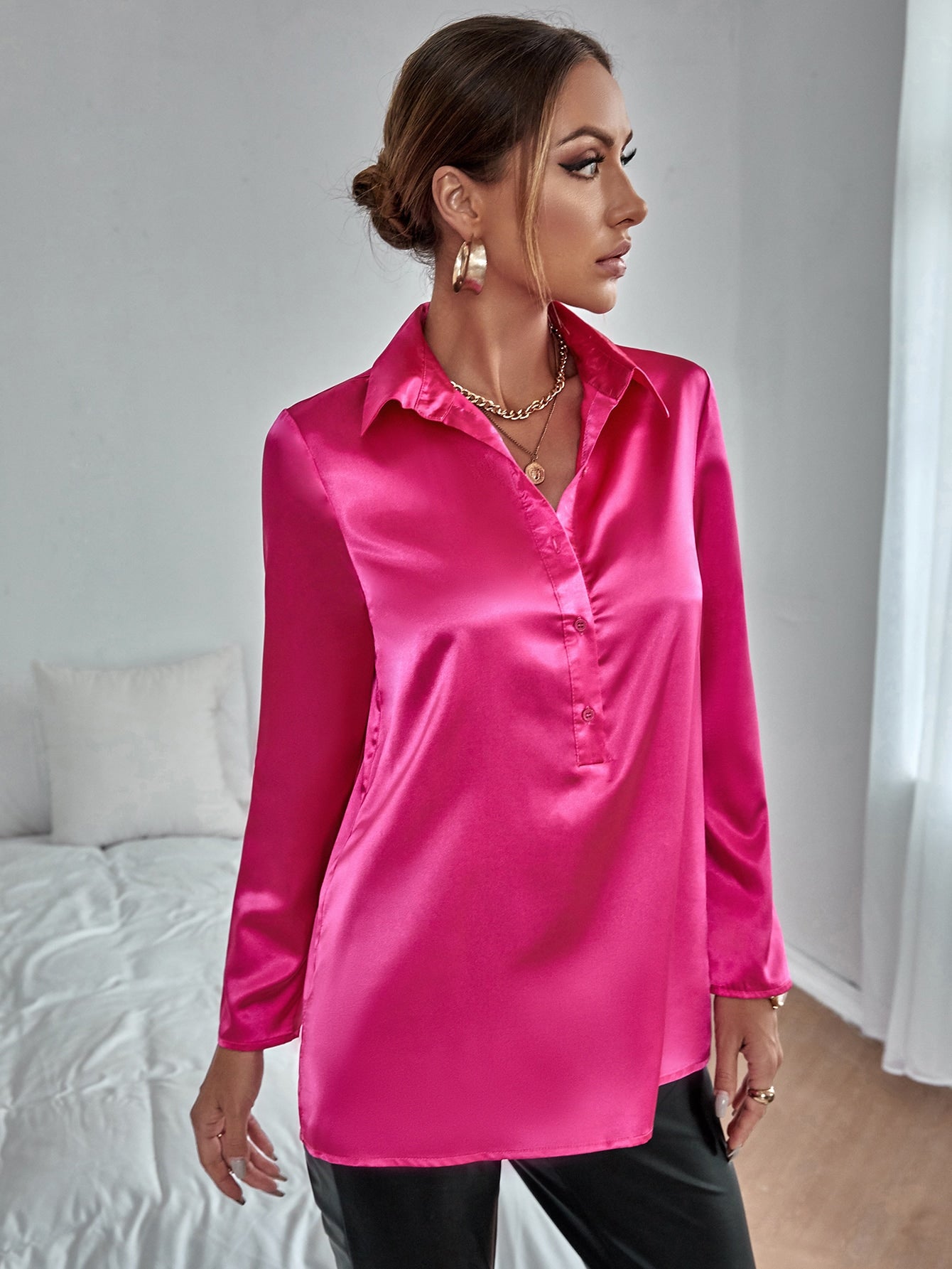 Hot Pink Solid Button Front Satin Blouse Top Shirt