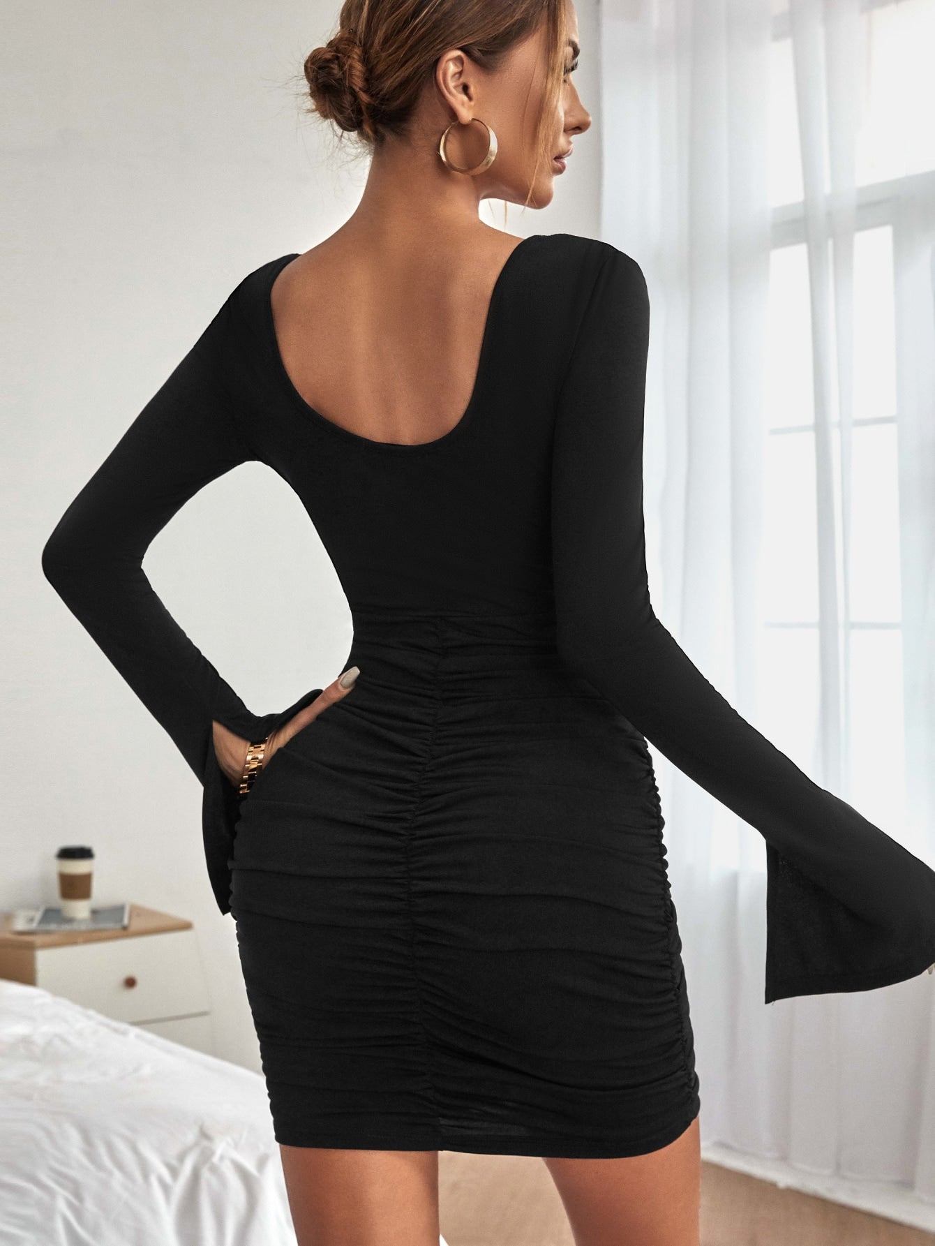 Black Scoop Neck Contrast Lace Split Cuff Ruched Slim Fit Dress