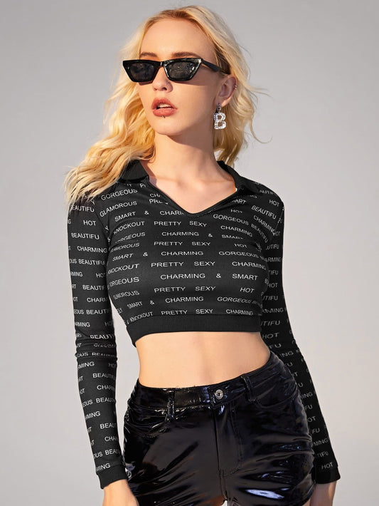 Black Letter Graphic Collared Slim Fit Crop Tee Top
