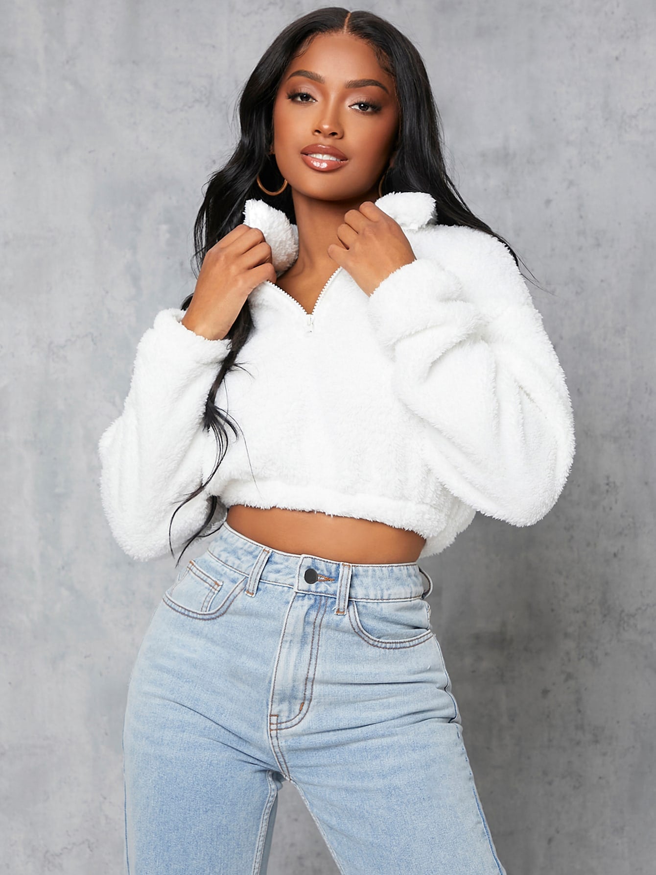 White Half Zip Drop Shoulder Crop Shearling Sweatshirt