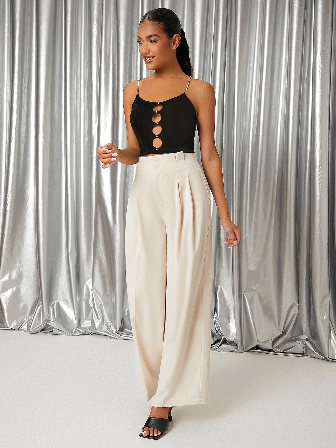 Black Cut Out Pearl Beaded Cami Top