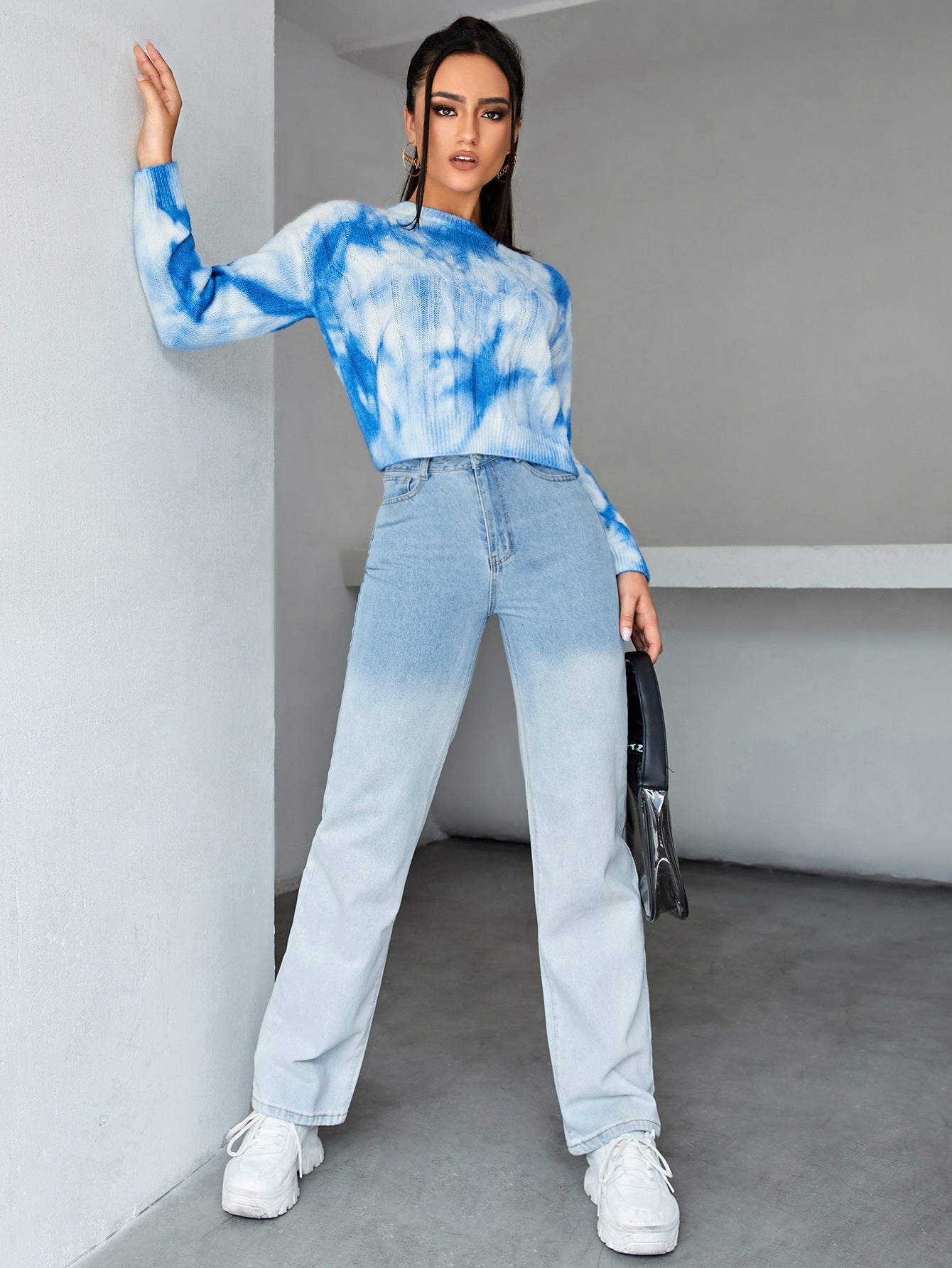 Blue White Tie Dye Drop Shoulder Slim Fit Round Neck Sweater Top