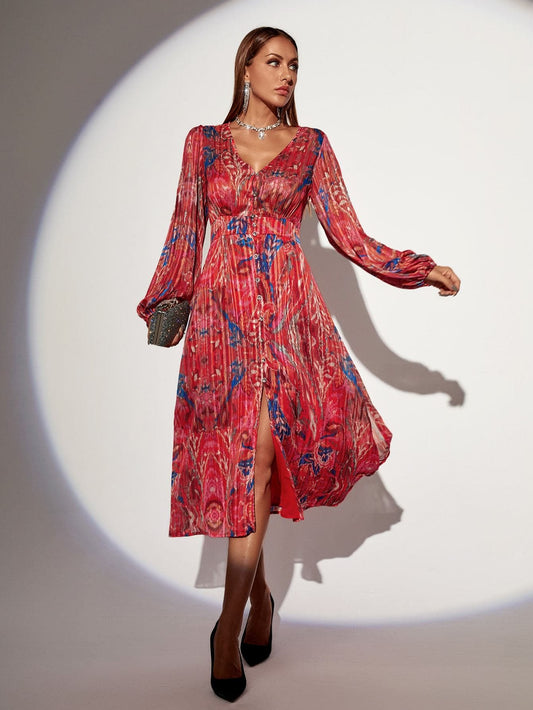 V-Neck Graphic Print Bishop Sleeve Plisse Dress