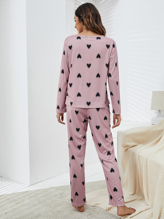 Dusty Pink Heart Print Pyjama Sleepwear Set With Blindfold