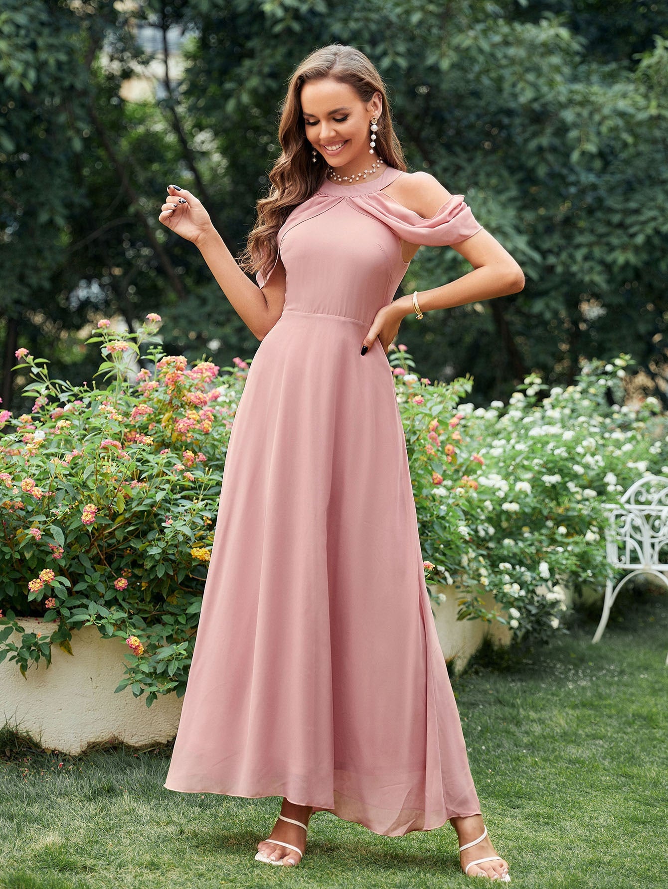 Dusty Pink Cold Shoulder Chiffon Maxi Bridesmaid Dress –