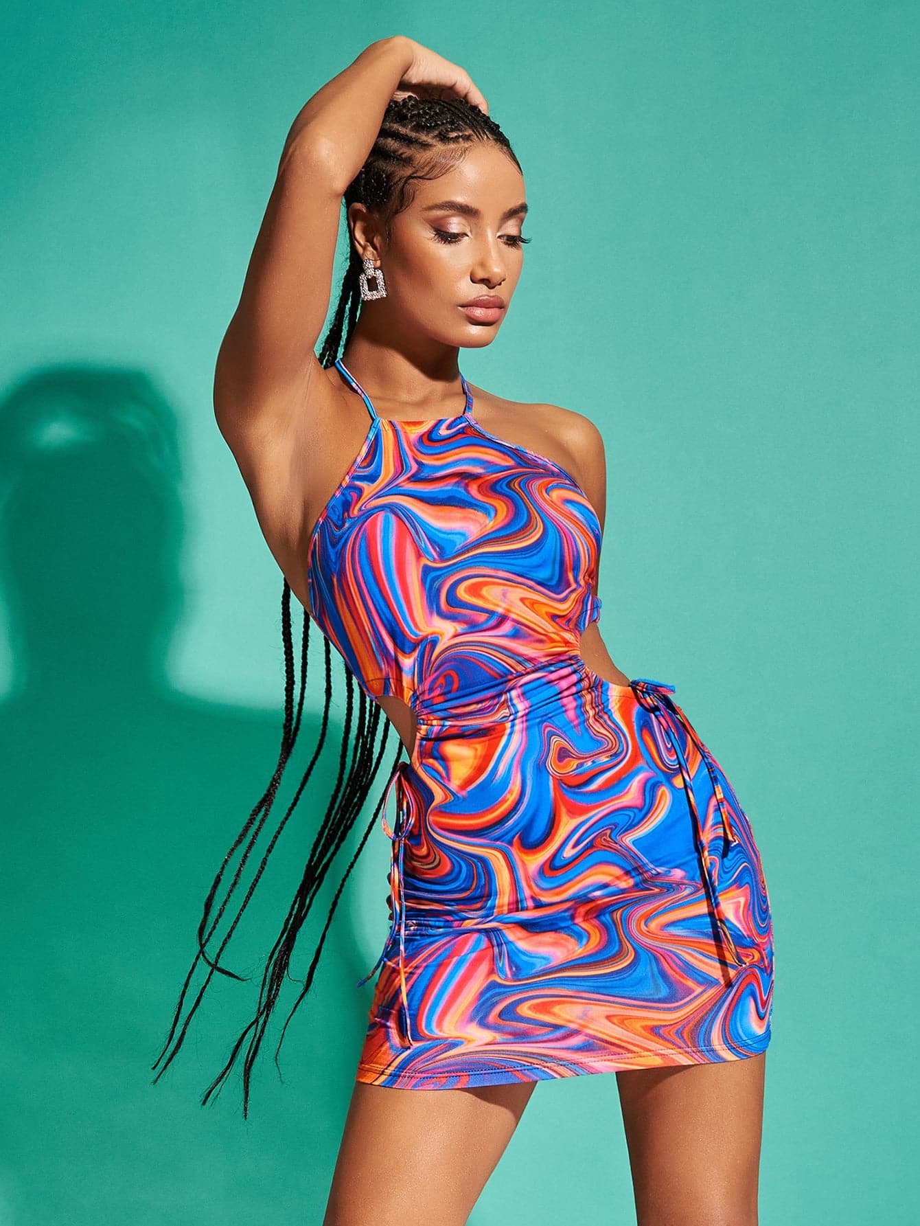 Marble Print Halter Neck Sleeveless Cut Out Waist Slim Fit Dress Wear.Style Marble Print Halter Neck Sleeveless Cut Out Waist Slim Fit Dress Wear.Style
