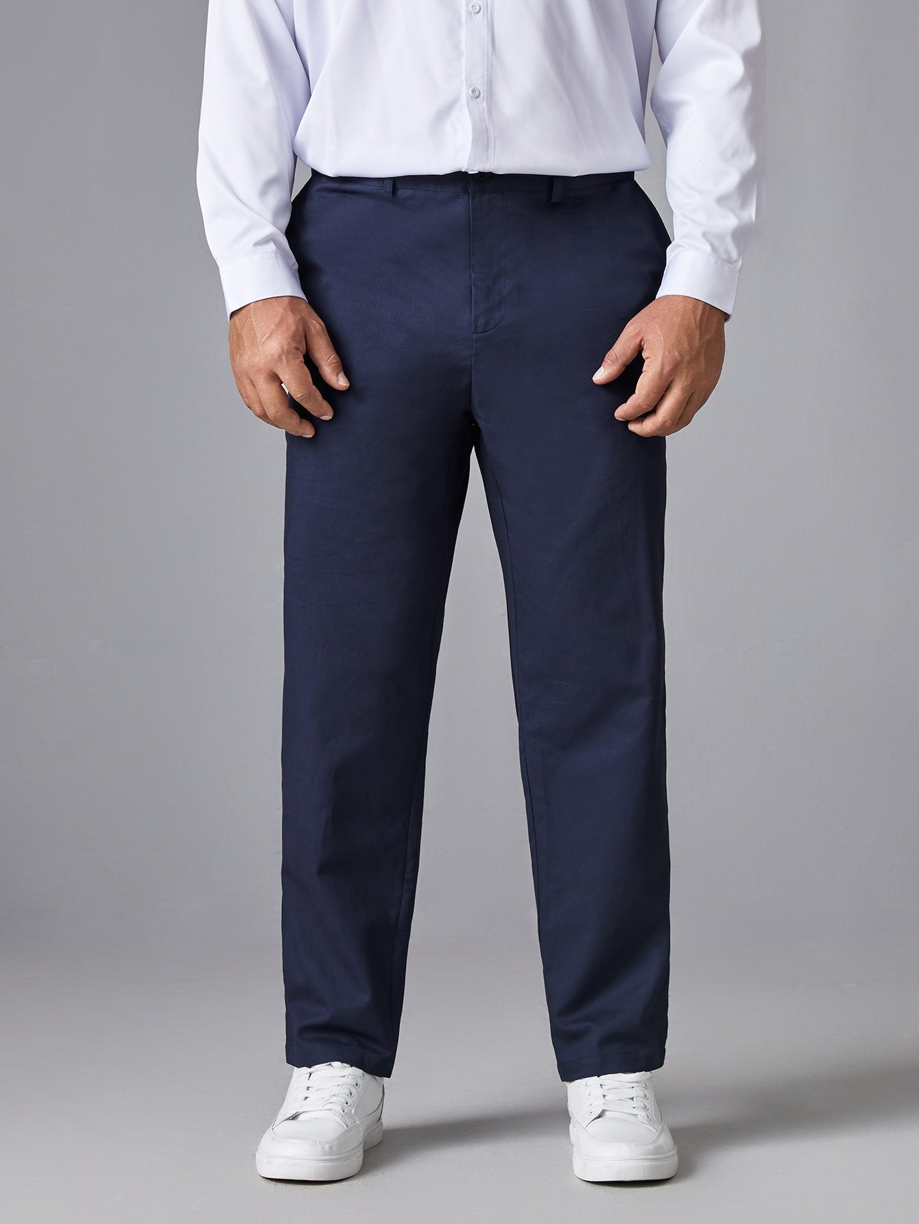 Navy Blue Solid Zipper Fly Suit Pants – - Main Image