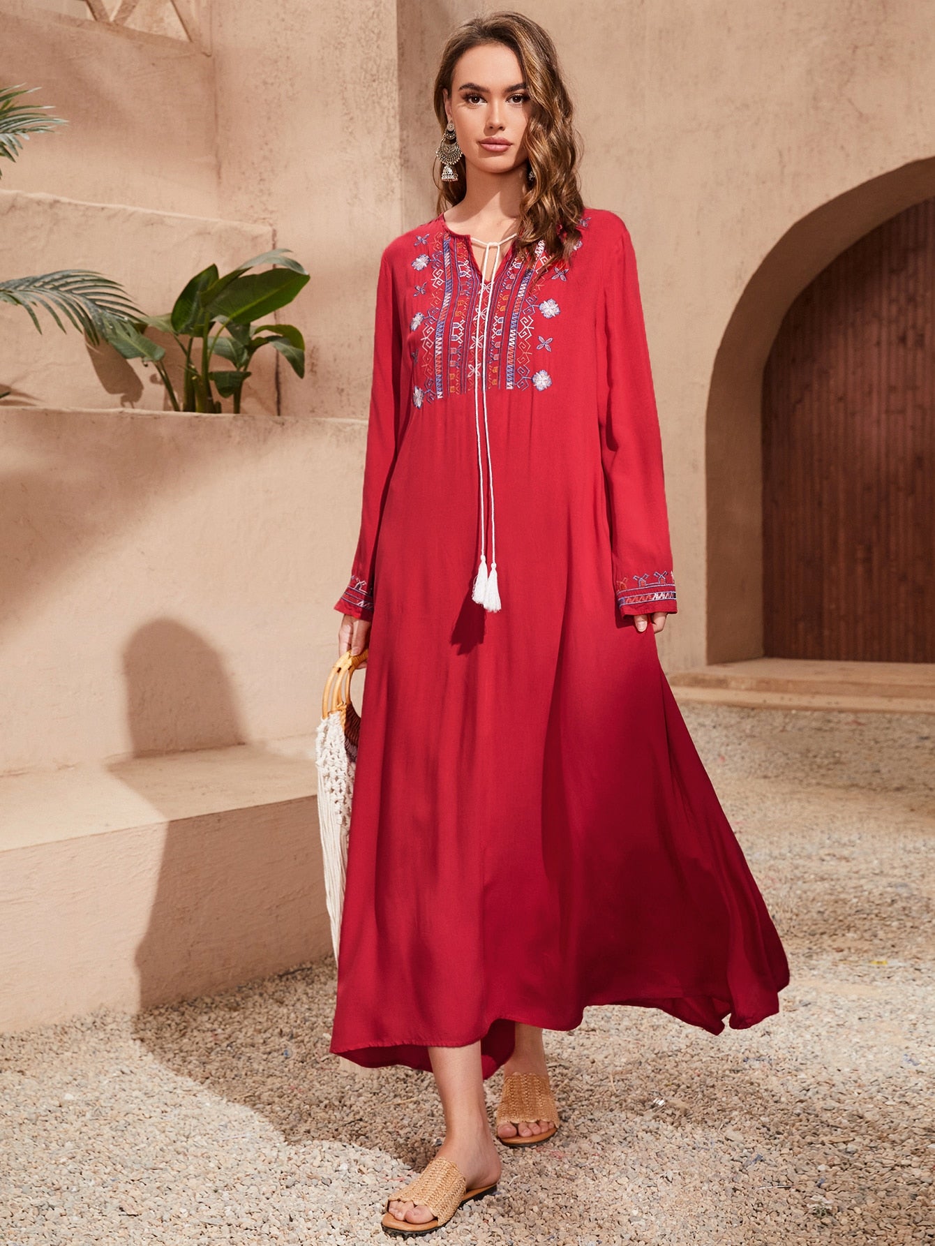 Red Floral Embroidered Tie Neck Tunic Dress Wear.Style Red Floral Embroidered Tie Neck Tunic Dress Wear.Style