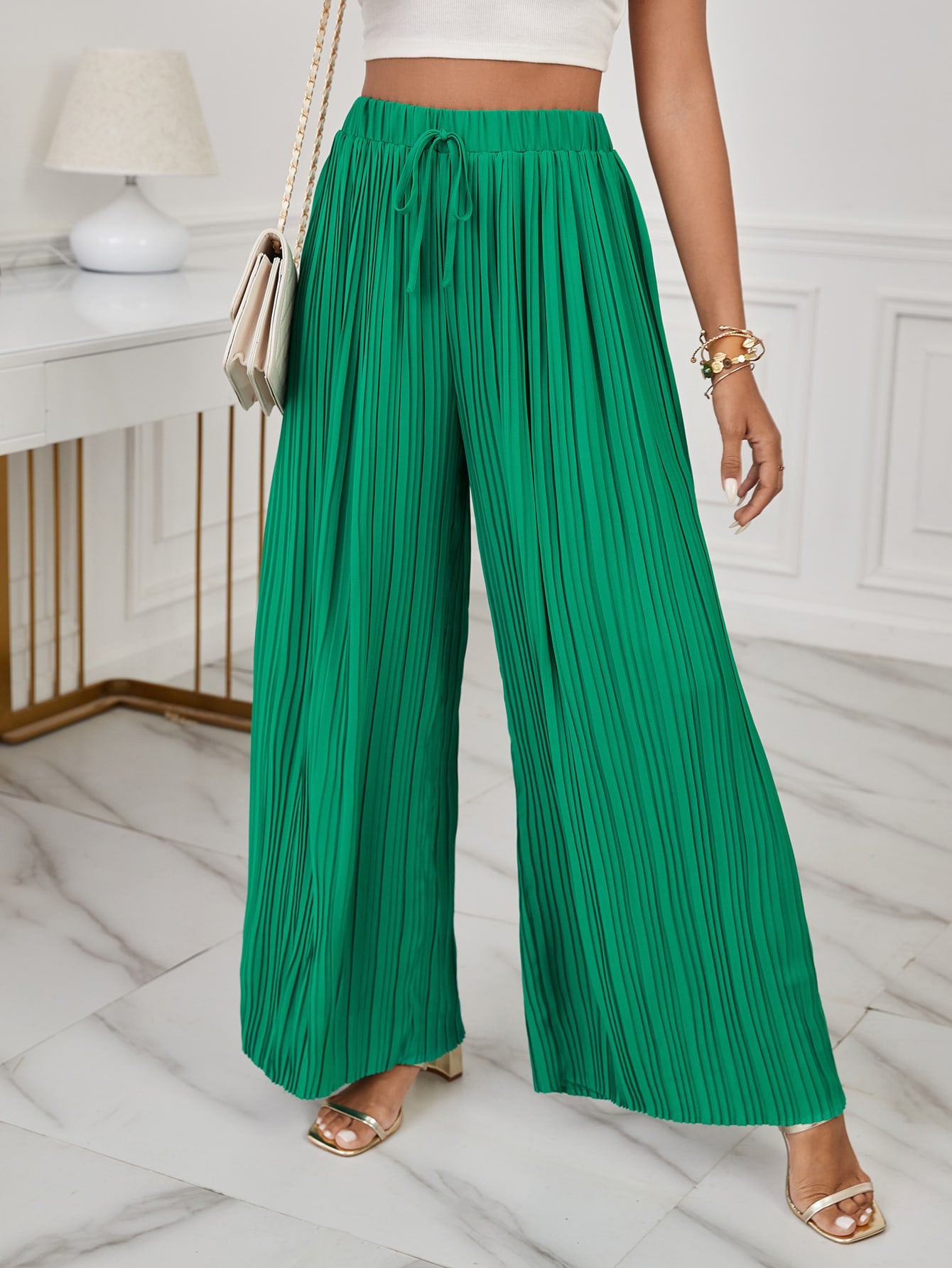 Tropical Botanical Print Paperbag Waist Wide Leg Pants –