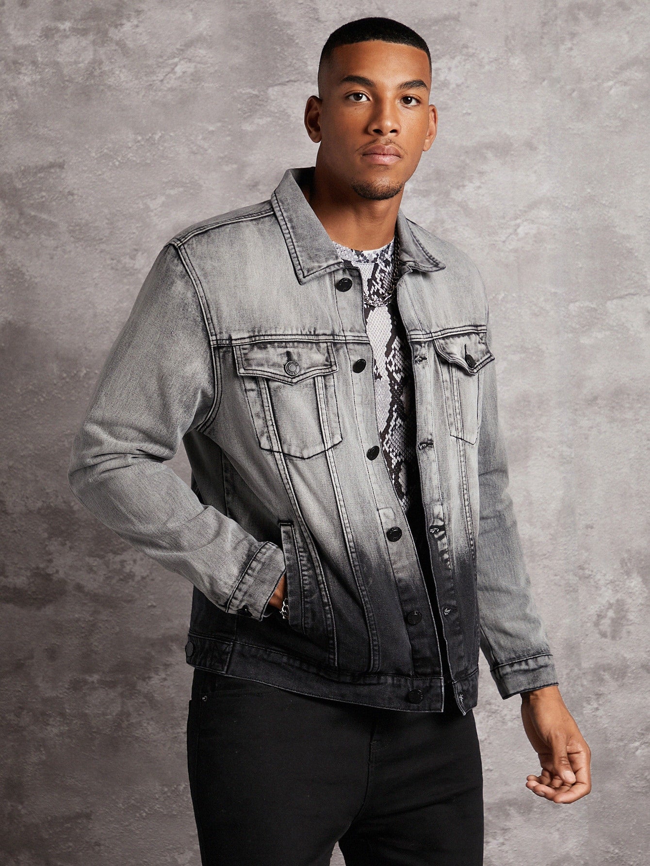 Grey Ombre Flap Pocket Button Front Denim Jacket Wear.Style