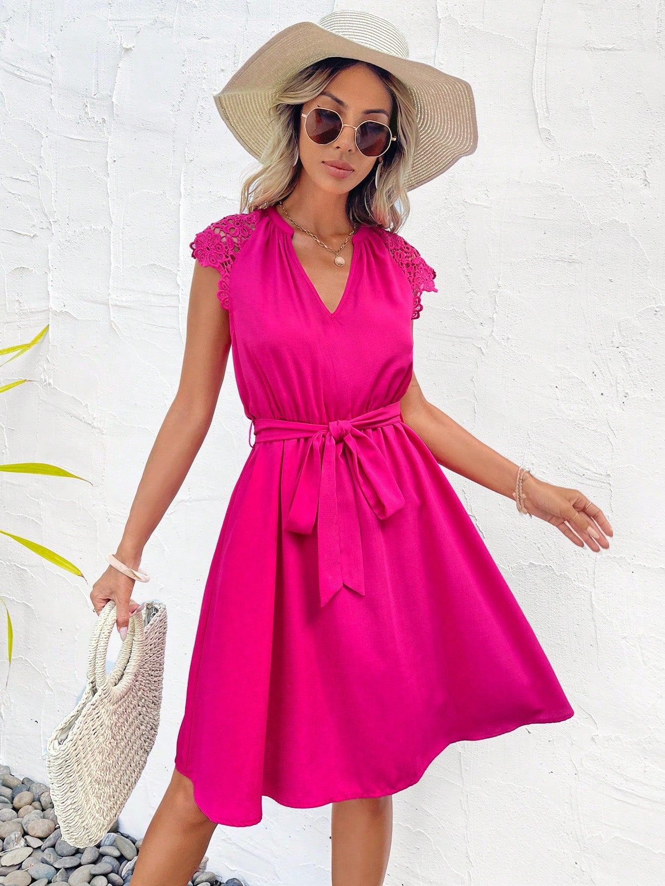 Hot Pink Contrast Lace Notched Neckline High Waist Belted Dress
