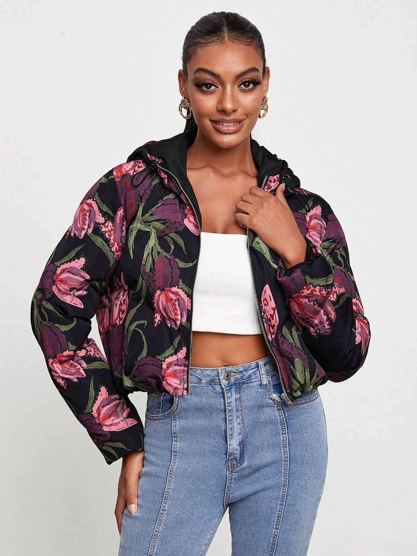 Floral Print Zip Up Hooded Drop Shoulder Puffer Coat –