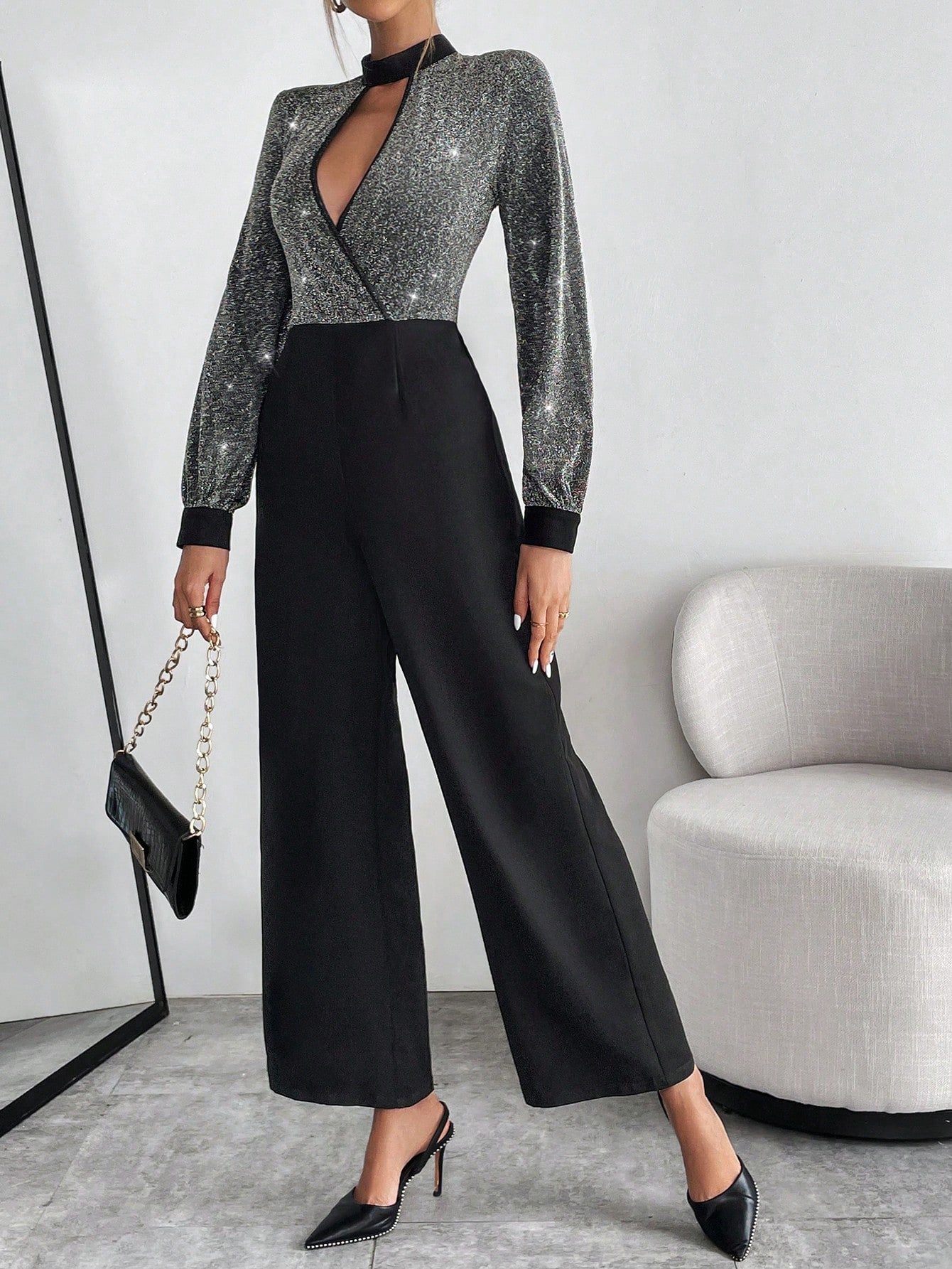 Black Contrast Sequin Keyhole Neckline Bishop Sleeve Wide Leg