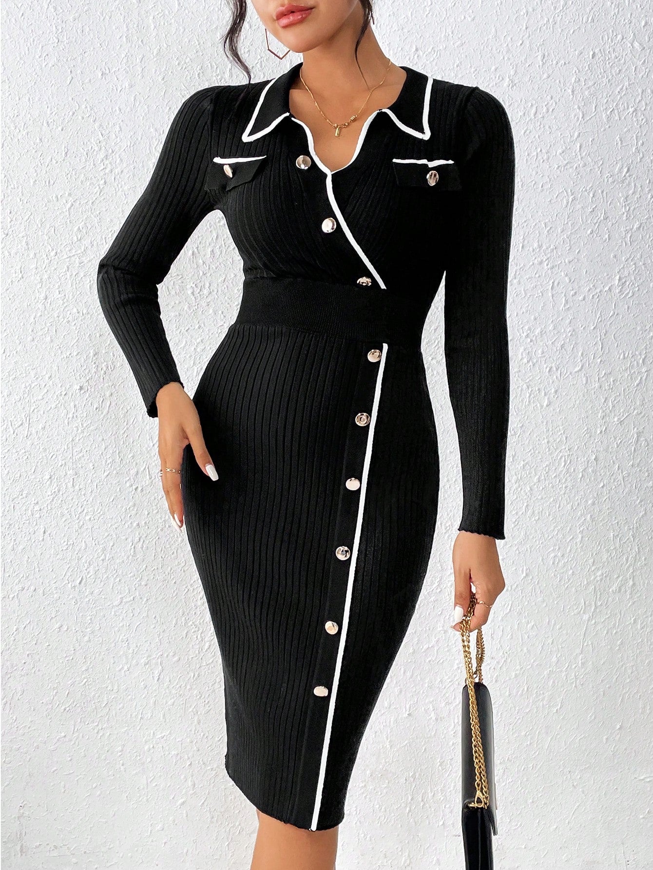 Black Contrast Trim Button Detail Rib-Knit High Waist Sweater Dress Fo Wear.Style Black Contrast Trim Button Detail Rib-Knit High Waist Sweater Dress Fo Wear.Style