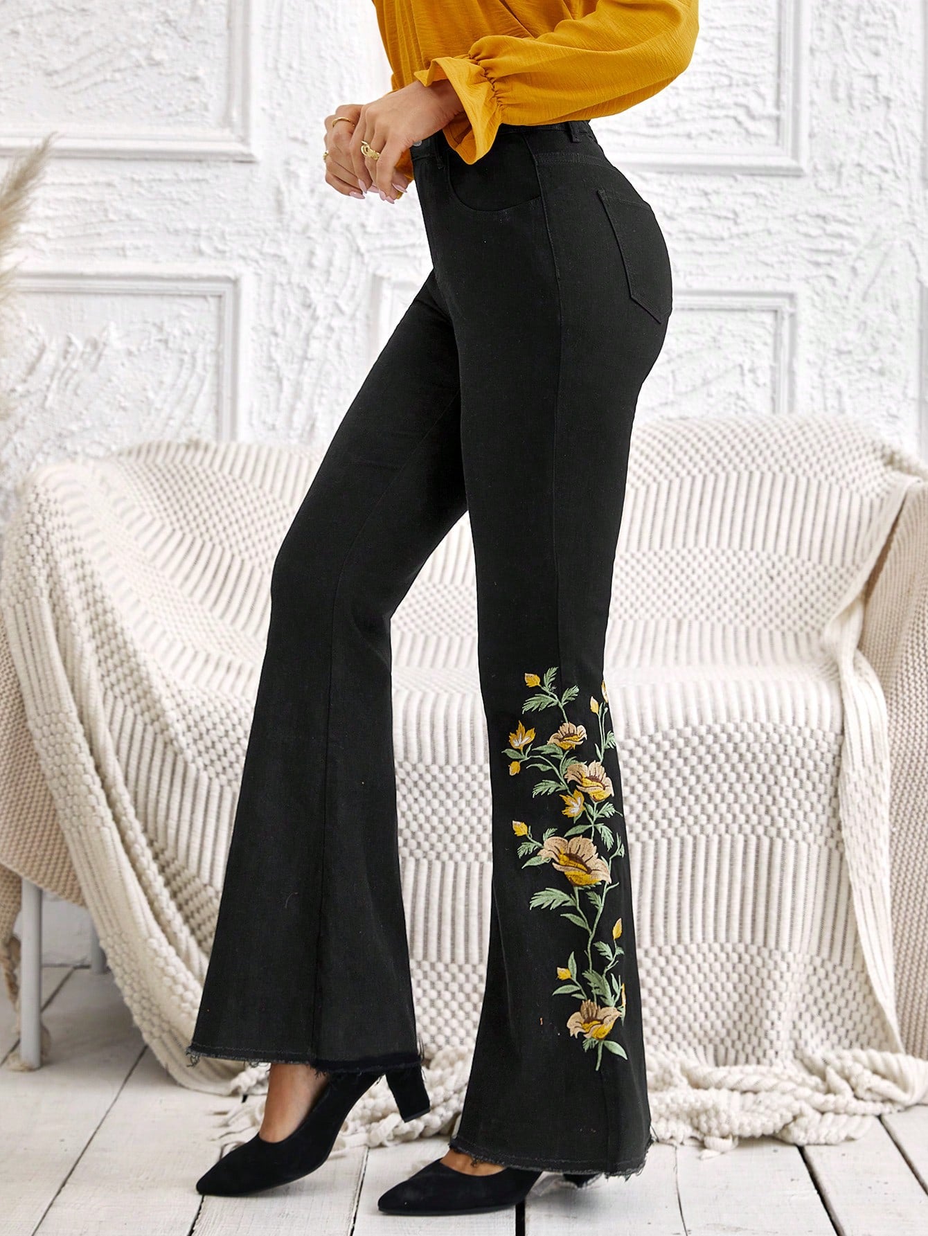 Bootcut Pants Black Flare Bell Bottom Pants Black Floral Pattern