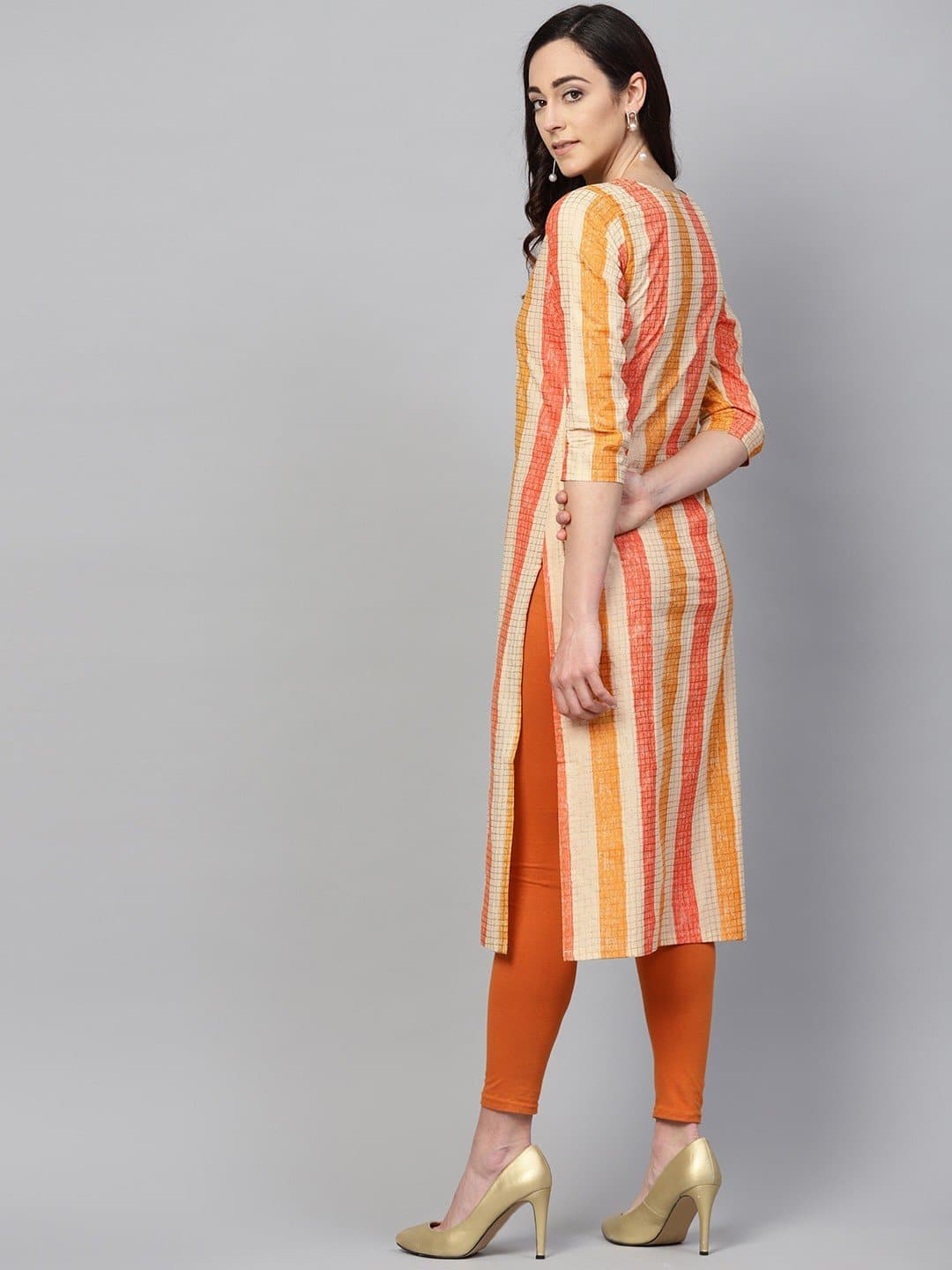 Orange Sweetheart Neck Three Quarter Sleeve Striped, Checkered Straight Kurta