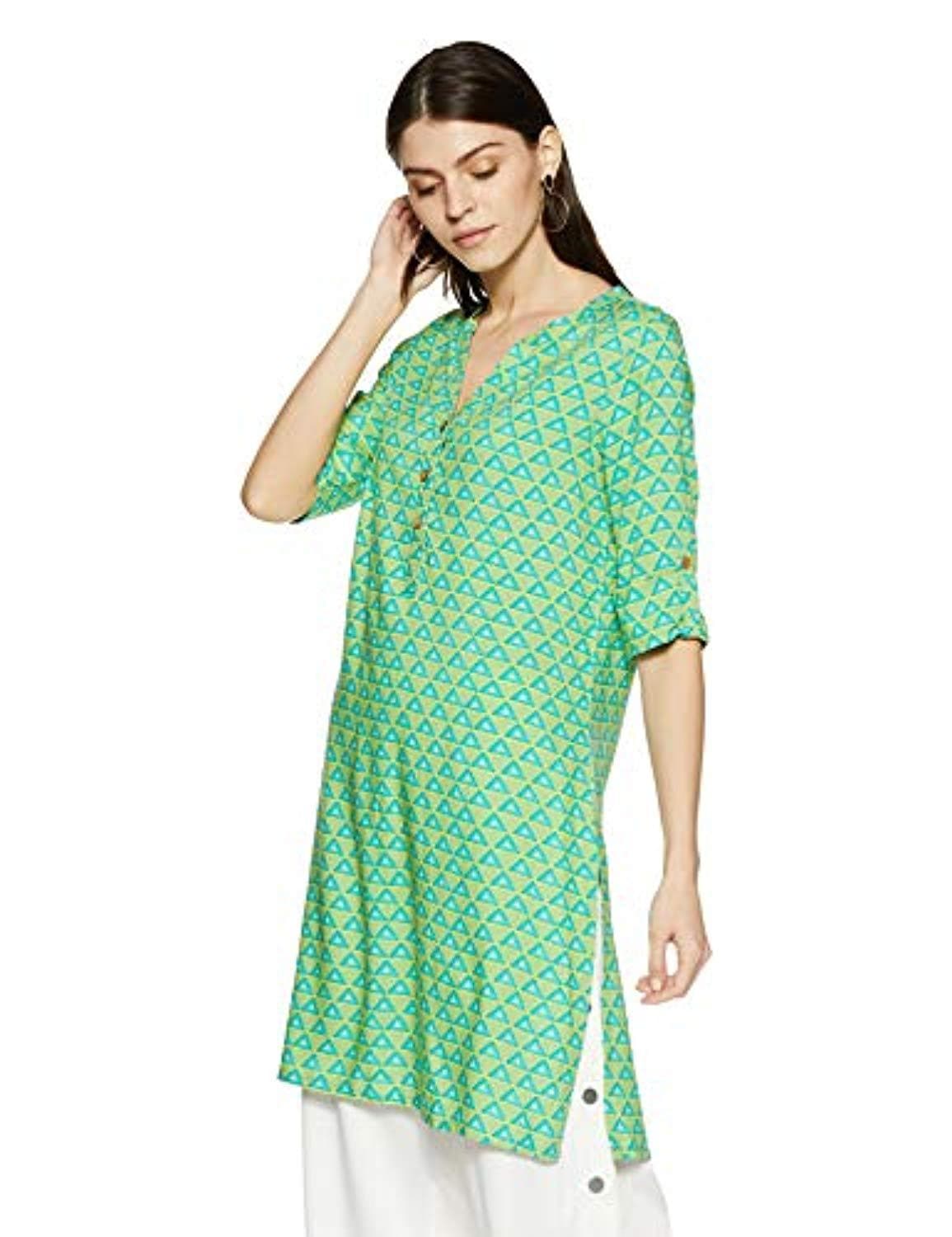 Green Viscose Three Quarter Sleeve Round Neck Tribal Regular Fit Shirt Tunic