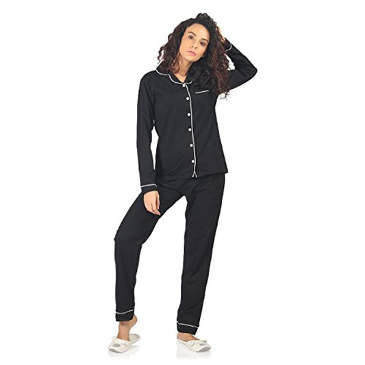 Black Contrast Binding Full Sleeve Sleepwear Set