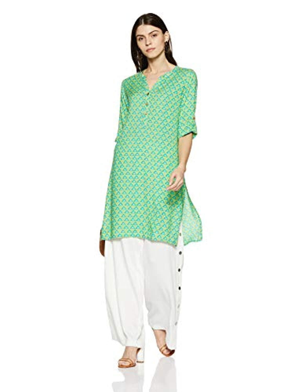 Green Viscose Three Quarter Sleeve Round Neck Tribal Regular Fit Shirt Tunic