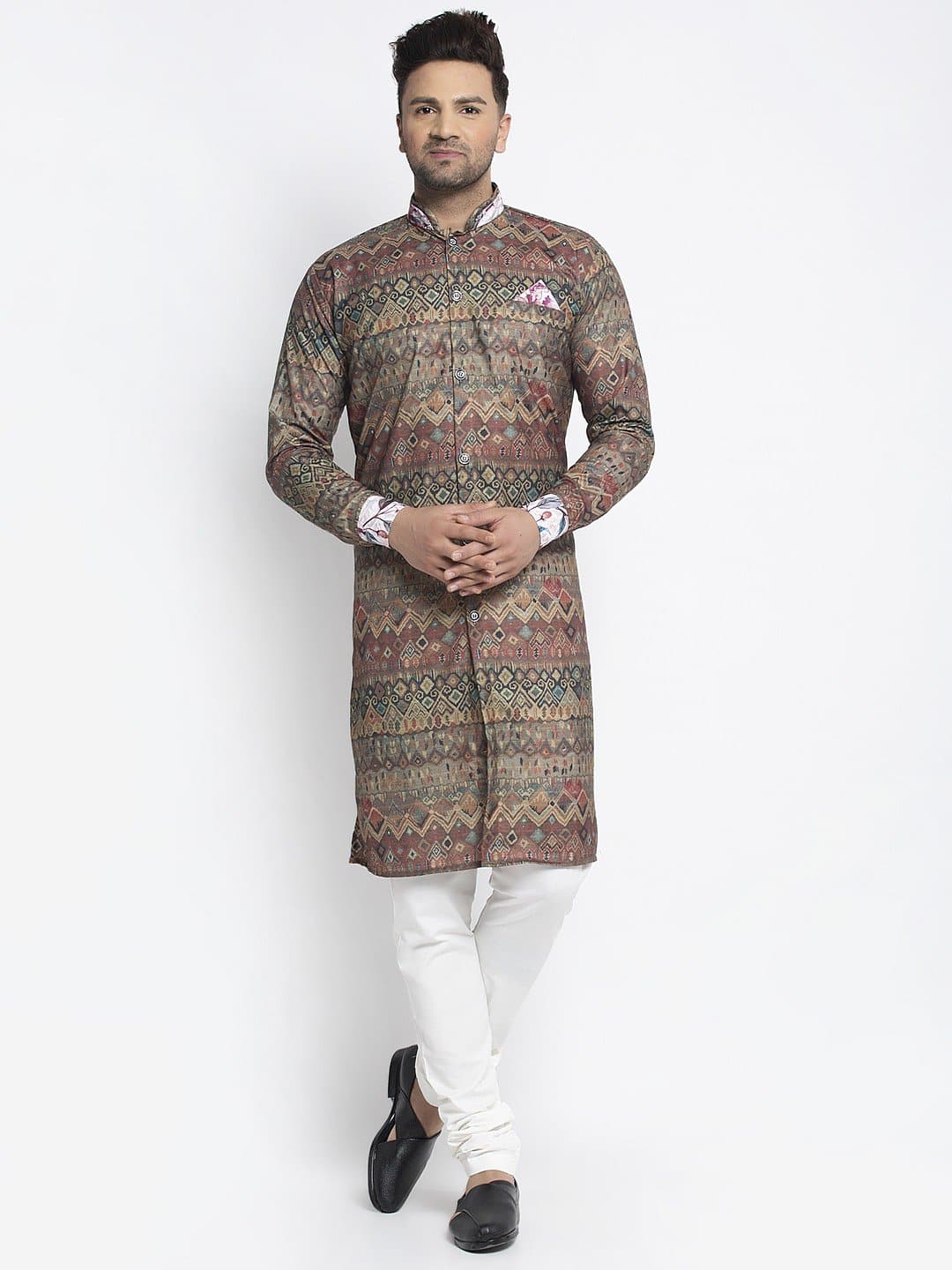 Mandarin Collar Printed Kurta and Churidar Set