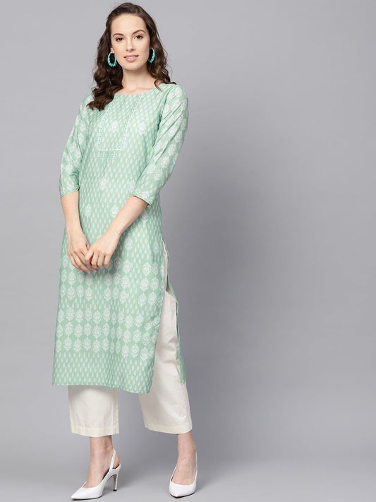 Green Round Neck Below Knee Three Quarter Sleeve Printed Straight Kurta