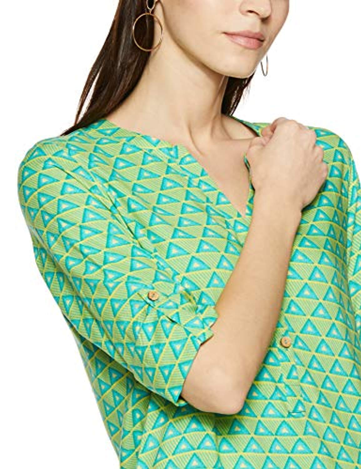 Green Viscose Three Quarter Sleeve Round Neck Tribal Regular Fit Shirt Tunic