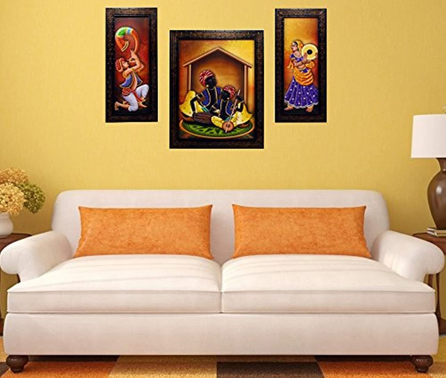 Set of 3 Rajasthani Folk Music & Dance Paintings Without Glass
