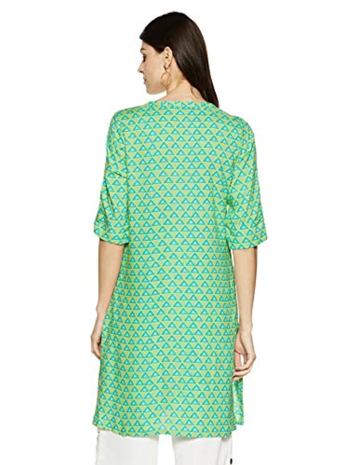 Green Viscose Three Quarter Sleeve Round Neck Tribal Regular Fit Shirt Tunic