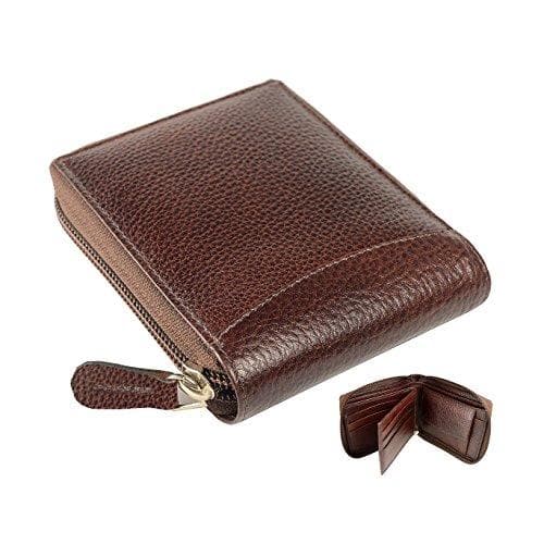 Brown Genuine Leather Round Zip Wallet RFID Blocking