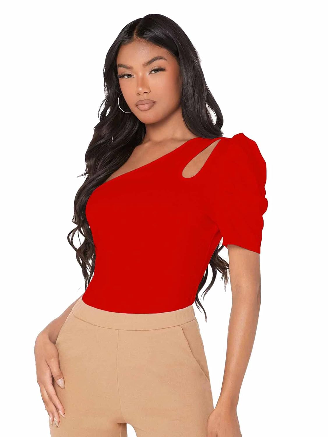 Short Puff Sleeve One Shoulder Neck Ruched Top –