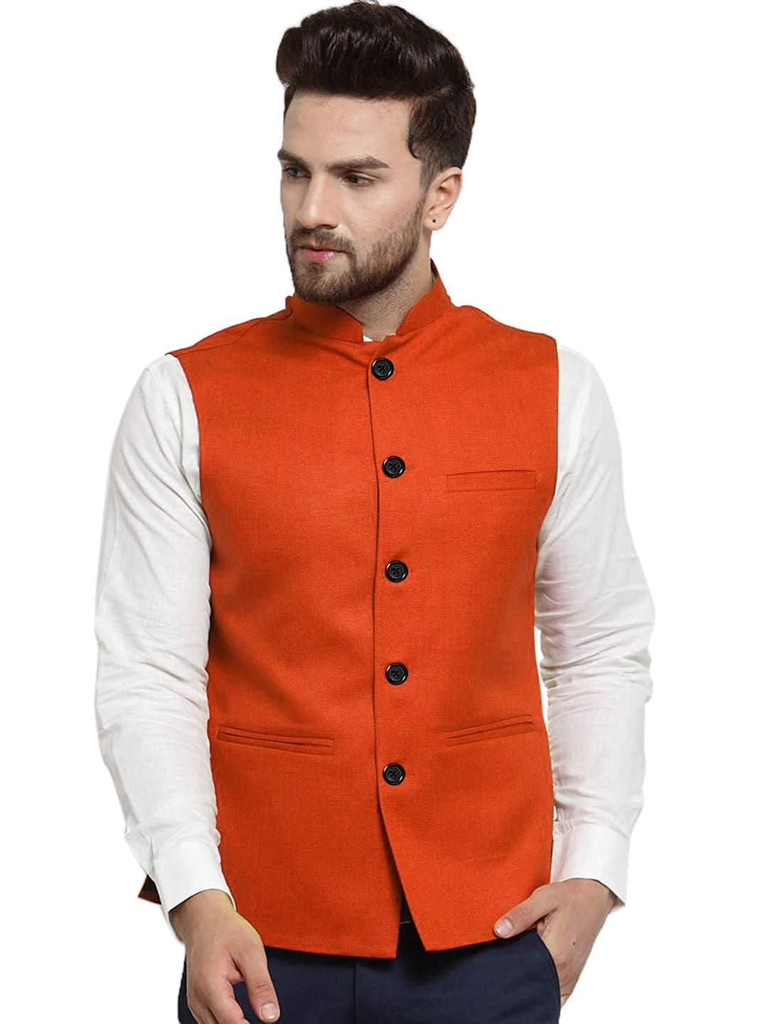 Orange Cotton-Blended Indian Traditional Nehru Jacket Ethnic Waistcoat