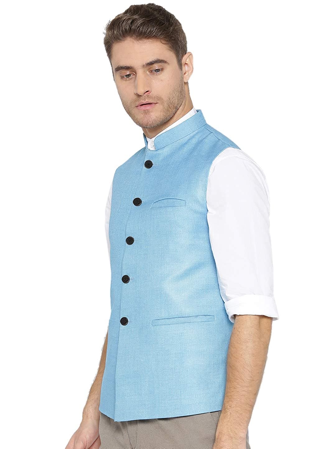 Sky Blue Cotton-Blended Indian Traditional Nehru Jacket Ethnic Waistcoat