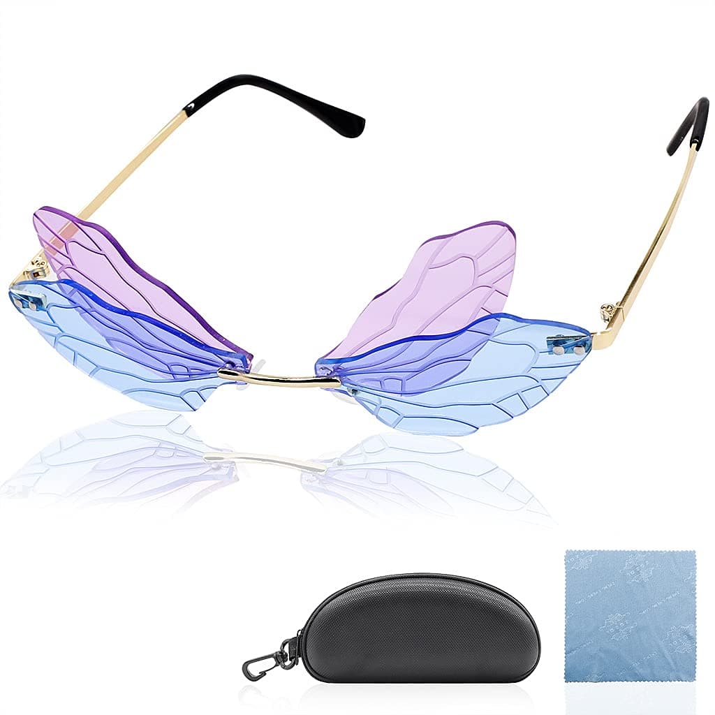 Sunglasses for Women Stylish, Unique Cool Frameless Dragonfly Wing Shaped Sunglasses - Blue and Purple