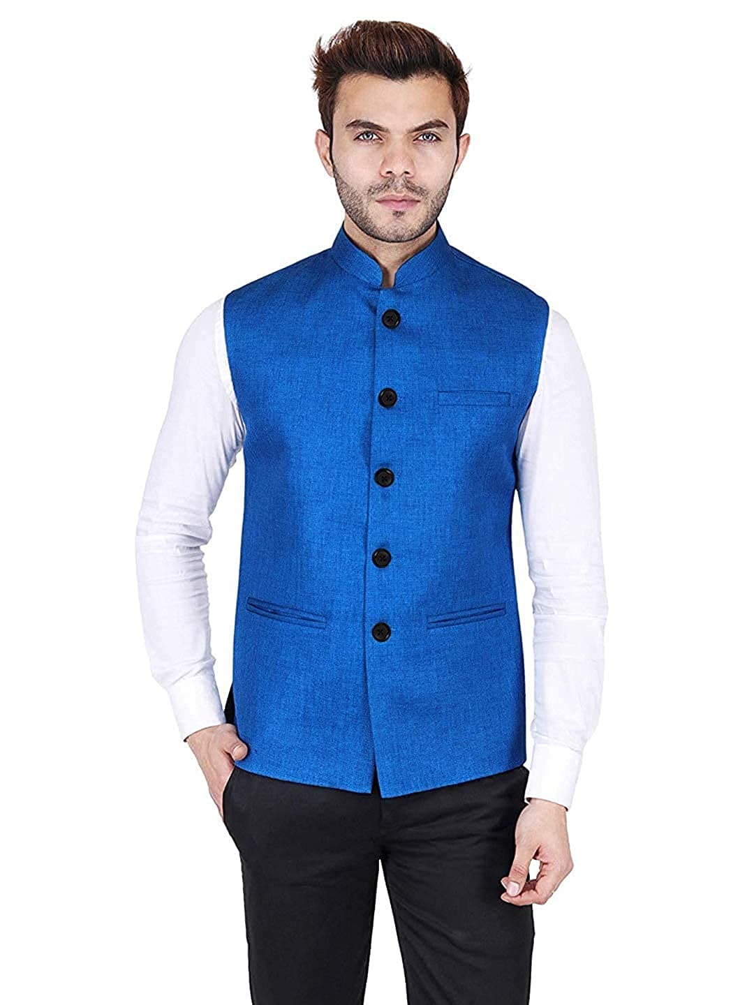 Blue Cotton-Blended Indian Traditional Nehru Jacket Ethnic Waistcoat