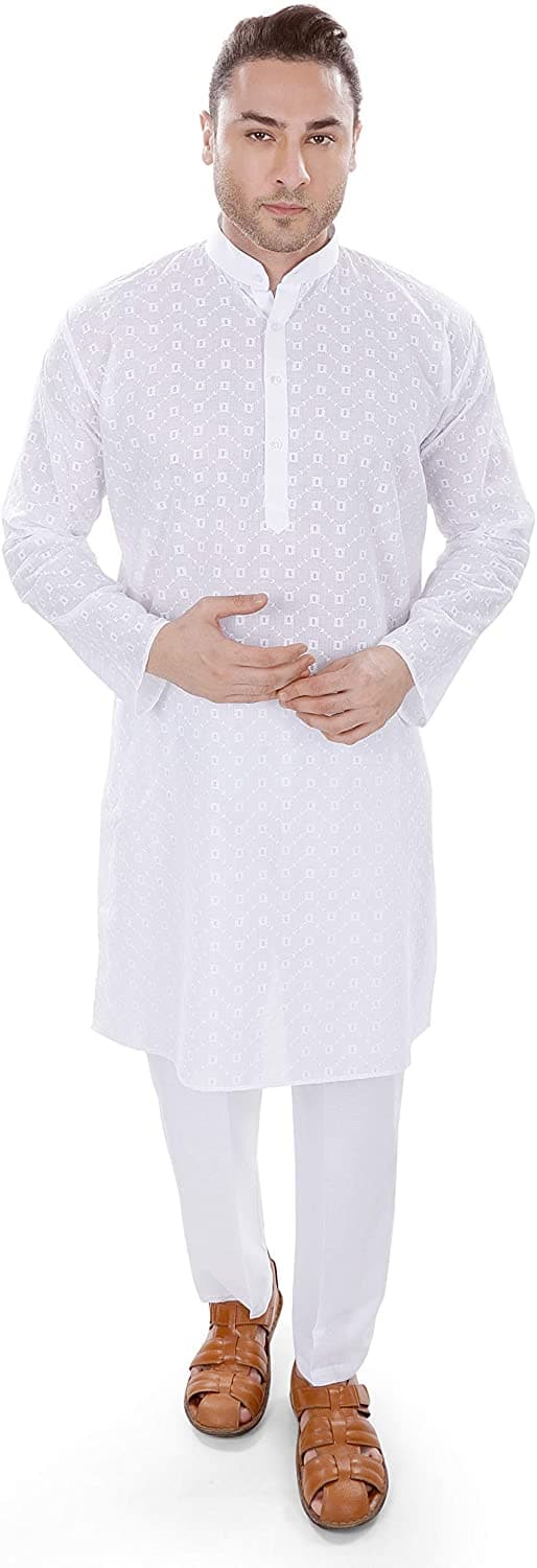 White Mandarin Collar Cotton chikankari Regular Fit Kurta Pyjama Set