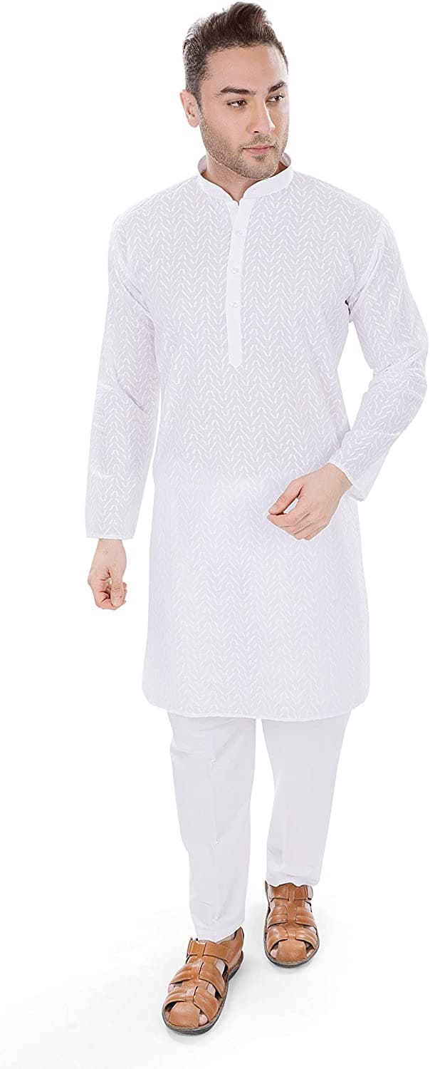 White Mandarin Collar Cotton chikankari Regular Fit Kurta Pyjama Set