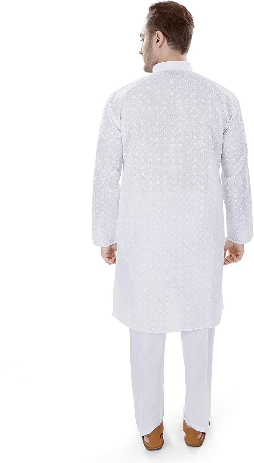 White Mandarin Collar Cotton chikankari Regular Fit Kurta Pyjama Set