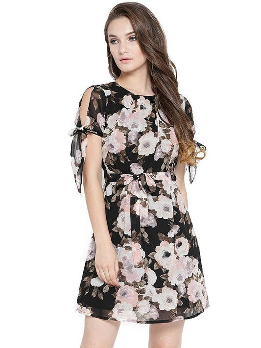 Black Georgette A-Line Half Sleeve Dress