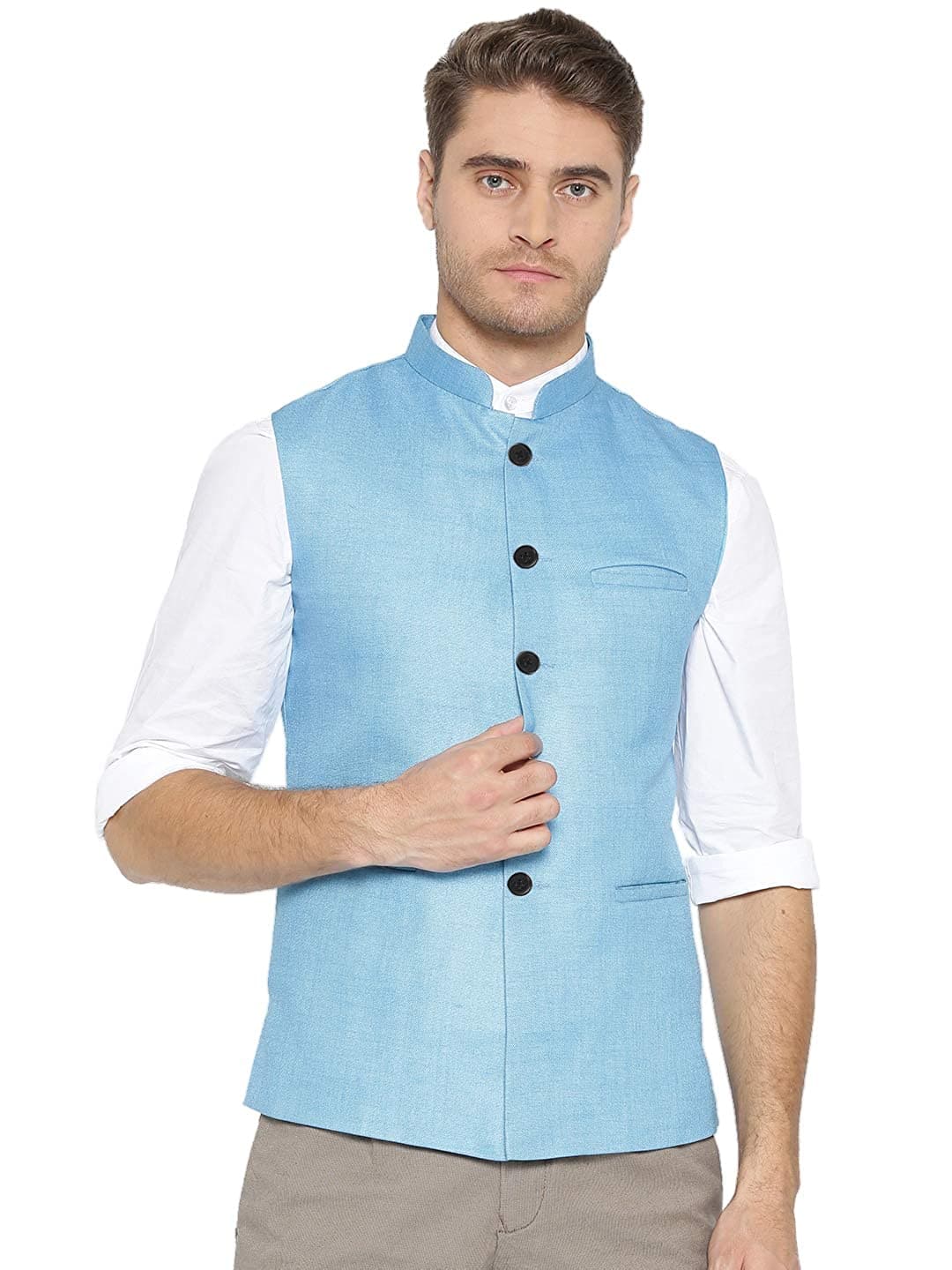 Sky Blue Cotton-Blended Indian Traditional Nehru Jacket Ethnic Waistcoat