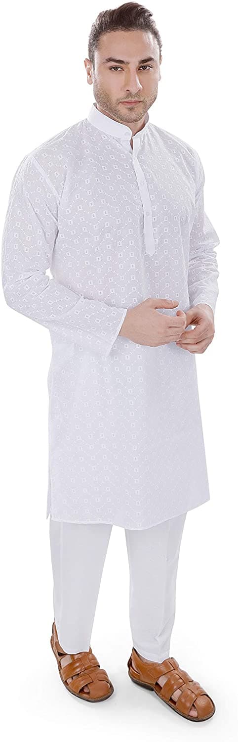 White Mandarin Collar Cotton chikankari Regular Fit Kurta Pyjama Set