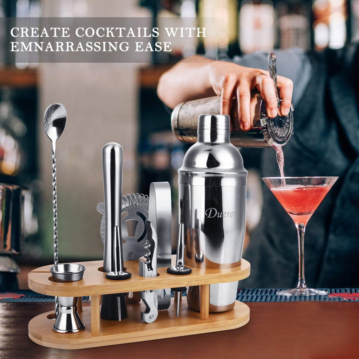 11-Piece Cocktail Shaker Set with Stylish Bamboo Bartender Kit with Stand