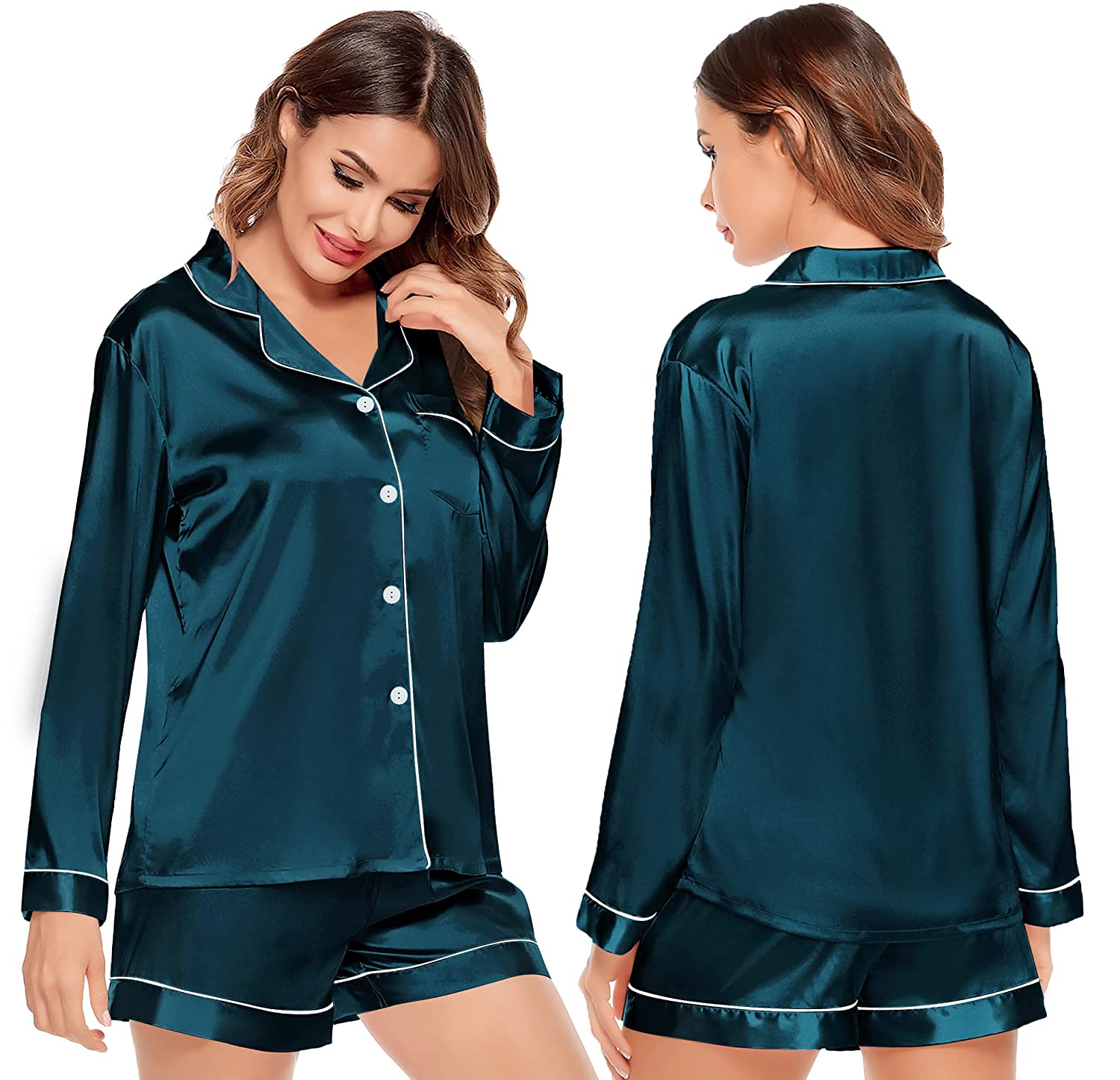 AherBiu 2 Piece Pajamas Sets for Women Satin Long Sleeve Shirts